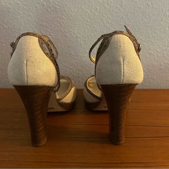 Perfect Summer Heel! Ivory Canvas & Snakeskin Trim Platform Peep Toe (Size 9) - Picture 4 of 10